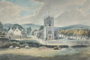 D. ORME (19th Century) watercolour - church, believed near Lyme Park, cattle and sheep grazing to