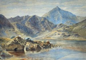 FOLLOWER OF DAVID COX (Betws-y-Coed School) c.1880 watercolour - Llyn Cwmffynnon with a distant Crib