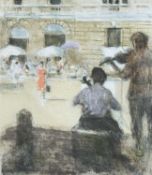 ‡ BERNARD DUNSTAN limited edition (26/200) print - street scene with musicians, signed, 40 x 33cms