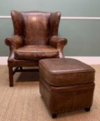 GEORGIAN STYLE LEATHER WINGBACK ARMCHAIR, brown leather, studded arms, matching ottoman, 109h x