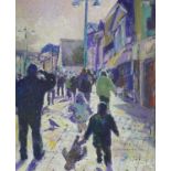 ‡ BERT EVANS oil on board - street scene with figures, signed, 29.5 x 24.5cms Provenance: private