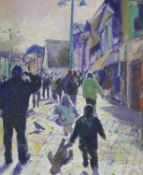 ‡ BERT EVANS oil on board - street scene with figures, signed, 29.5 x 24.5cms Provenance: private