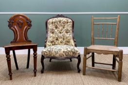 THREE CHAIRS, including Victorian walnut hall chair, Victorian style nursing chair, and a small pine
