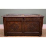 LATE 17TH CENTURY OAK COFFER, probably Goucestestershire, twin carved lozenge panels to the front,