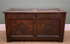 LATE 17TH CENTURY OAK COFFER, probably Goucestestershire, twin carved lozenge panels to the front,