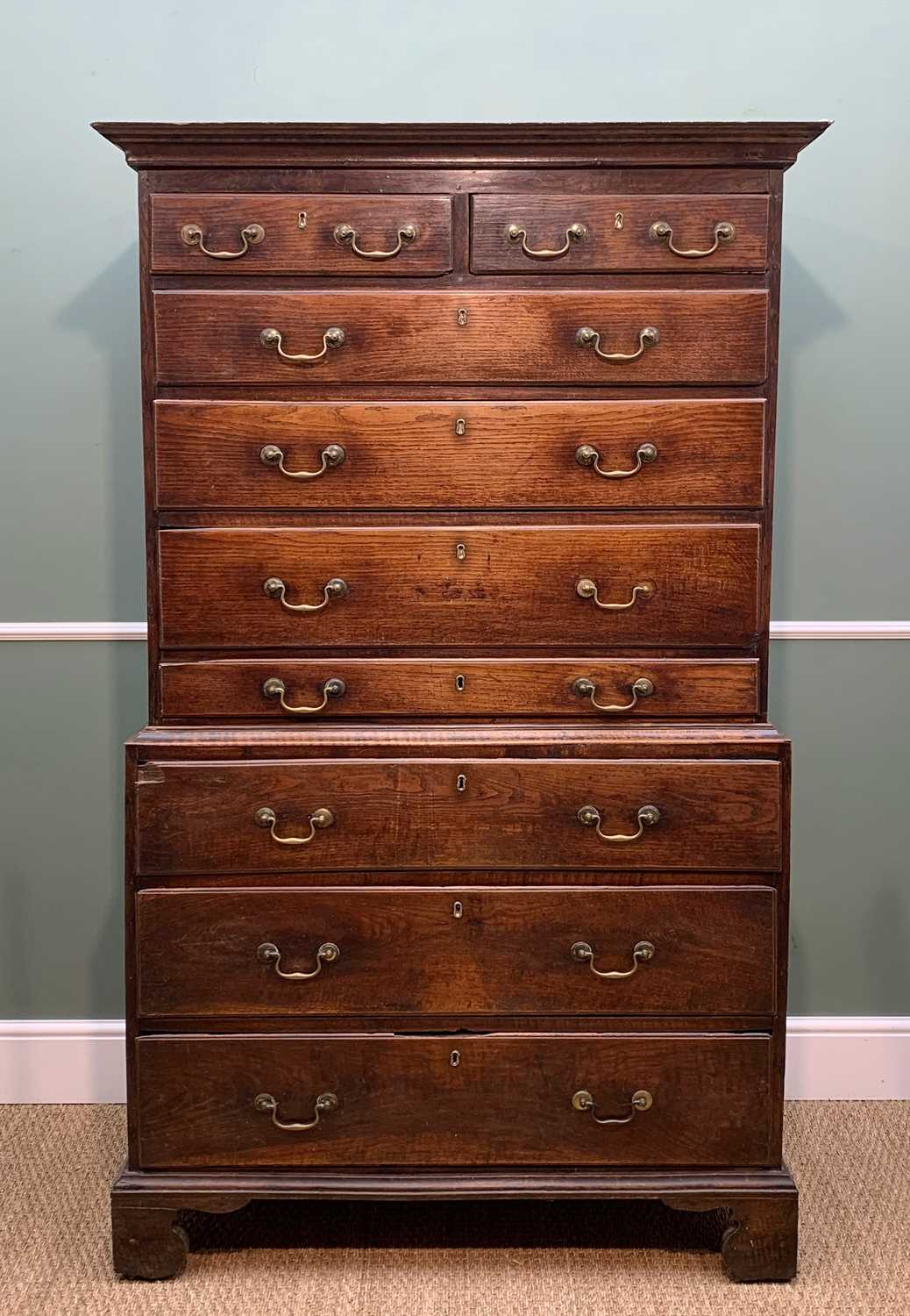 GEORGE III OAK TALLBOY SECRETAIRE, moulded cornice, upper chest with two short and three long - Image 2 of 12