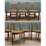 MIXED SET OF SEVEN DINING CHAIRS, four mid-century and three antique, all with similar upholstery (