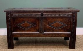 LATE 17TH CENTURY OAK COFFER, probably Gloucestershire, double-panelled top over S-carved frieze and