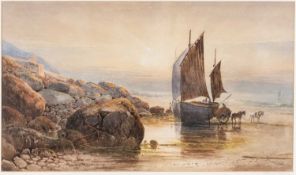 MANNER OF JOHN MOGFORD watercolour - beached boat being loaded by horse and cart with lobster pots