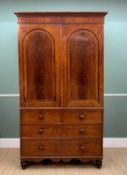 LATE VICTORIAN WALNUT LINEN PRESS, angled cornice above arch panelled doors enclosing sliding