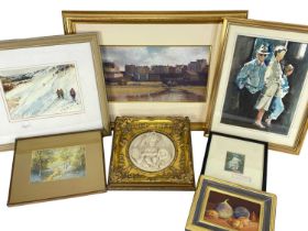 ASSORTED PAINTINGS AND A PLAQUE, including pastel of Tenby by P. BURGESS, signed and dated '98, snow