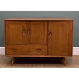 MID-CENTURY ERCOL 366 SIDEBOARD, blue label, solid elm, natural waxed finish, cupboards fitted
