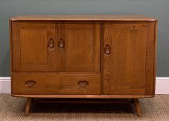 MID-CENTURY ERCOL 366 SIDEBOARD, blue label, solid elm, natural waxed finish, cupboards fitted