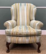 GEORGIAN STYLE WINGBACK ARMCHAIR, hardwork frame, carved lions paw feet, mustard and pale green