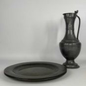 LARGE FRENCH PEWTER LIDDED FLAGON & SET 3 CHARGERS, the flagon with tall waisted neck, hinged