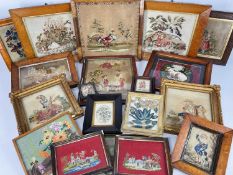 INTERESTING COLLECTION OF NEEDLEWORK & BERLIN WOOLWORK, including a pair in birds eye maple frames
