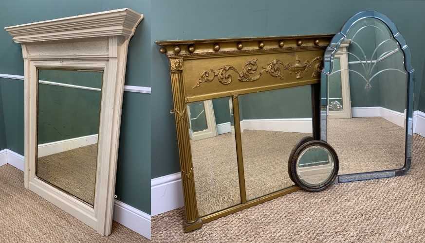 ASSORTED MIRRORS, including white painted architectural mirror, 138h x 105cms w, gilt triple-plate