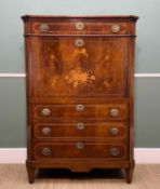 19TH CENTURY MAHOGANY MARQUETRY INLAID SECRETAIRE A ABATTANT, moulded cornice above frieze drawer,