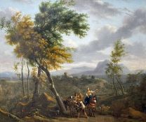 18TH / 19TH CENTURY DUTCH SCHOOL oil on canvas - Travellers in a landscape with a tower in the