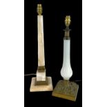 TWO LATE 19TH CENTURY FRENCH TABLE LAMPS, comprising opaline glass lamp and onyx lamp, both with