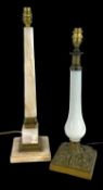 TWO LATE 19TH CENTURY FRENCH TABLE LAMPS, comprising opaline glass lamp and onyx lamp, both with