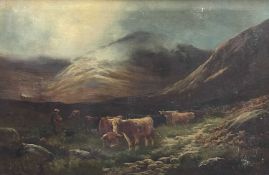 HENRY HADFIELD CUBLEY (avt. 1882-1904) oil on canvas - Highland cattle, farmer and dog in Scottish