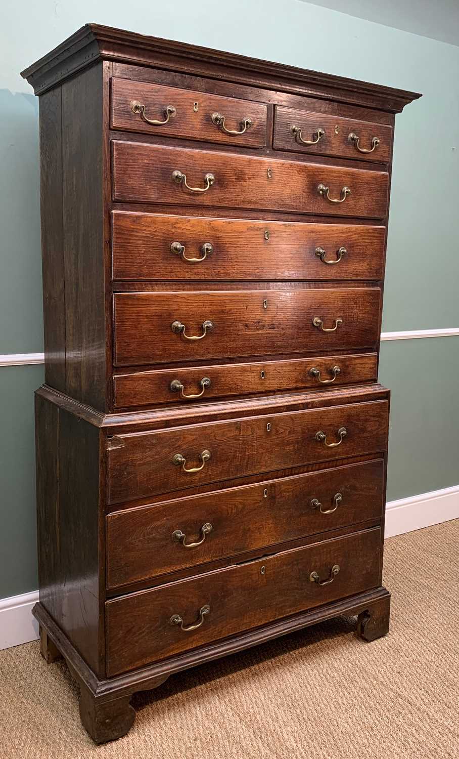 GEORGE III OAK TALLBOY SECRETAIRE, moulded cornice, upper chest with two short and three long - Image 3 of 12