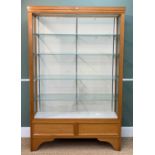 CHINA DISPLAY CABINET, numbered 24, beech framed, glass sliding doors and shelves on metal