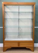 CHINA DISPLAY CABINET, numbered 24, beech framed, glass sliding doors and shelves on metal