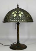 AMERICAN ART NOUVEAU TABLE LAMP, possibly by Miller, with pierced shade fitted with 6 of 6 slag