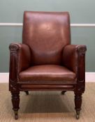 WILLIAM IV ARMCHAIR, carved hardwood frame, brown faux leather upholstery, trim nail strips to arms,