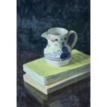 ‡ GRAHAM JONES oil on board - entitled verso, 'Gaudy Welsh Jug & Books', signed verso, 28 x 19cms