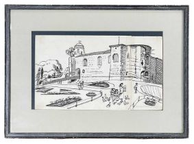 ‡ EDWARD BAWDEN (1903-1989) ink on paper - sketch of Colchester Castle, with family and ducks