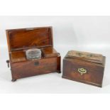 TWO ANTIQUE MAHOGANY TEA CADDIES, including George III caddy with shaped caddy moulded top and carry