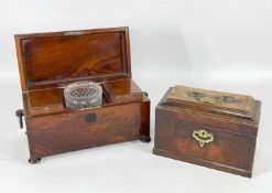 TWO ANTIQUE MAHOGANY TEA CADDIES, including George III caddy with shaped caddy moulded top and carry