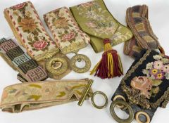 ASSORTED ANTIQUE NEEDLEWORK BELL PULLS, including a pair with gilt metal rings, and another labelled