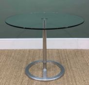 MODERN CIRCULAR GLASS TOP TABLE, tubular steel base, clear toughened glass top, 60h x 80cms diameter