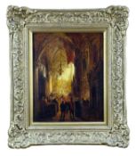 MANNER OF JOHN WILSON CARMICHAEL oil on board - interior of Cathedral with figures in service and