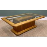 LARGE MODERN COFFEE TABLE, bevelled glass top, rectangular base, with parquet-style insert, 40h x