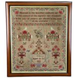MID VICTORIAN NEEDLEWORK SAMPLER, 1853, BY C. WILKINS, AGED 16, decorated with birds, flowers, two