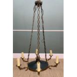 19TH CENTURY-STYLE ENAMELLED BRASS 6-LIGHT CEILING LAMP, supporting eight scrolled arms hung from