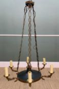 19TH CENTURY-STYLE ENAMELLED BRASS 6-LIGHT CEILING LAMP, supporting eight scrolled arms hung from