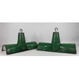 PAIR VINTAGE GREEN ENAMELLED INDUSTRIAL LAMP SHADES, c. 1920s, rectangular double light form with