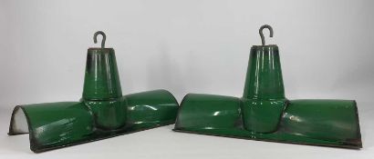 PAIR VINTAGE GREEN ENAMELLED INDUSTRIAL LAMP SHADES, c. 1920s, rectangular double light form with