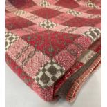 ANTIQUE WELSH WOOLLEN NARROW LOOM BLANKET, 3-colour cherry, cream and taupe heavy weight yarns,
