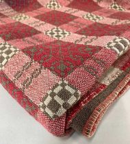 ANTIQUE WELSH WOOLLEN NARROW LOOM BLANKET, 3-colour cherry, cream and taupe heavy weight yarns,