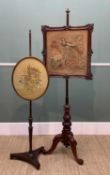 TWO 19TH CENTURY POLE SCREENS, one mid-Victorian with rectangular woolwork panel on scrolled