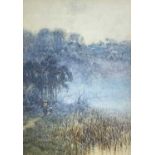 PARKER HAGARTY (1859-1934) watercolour - figures walking beside a misty lake with a village in the