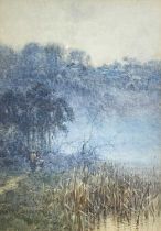PARKER HAGARTY (1859-1934) watercolour - figures walking beside a misty lake with a village in the