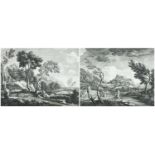 AFTER GASPAR POUSSIN engravings - two classical figures in Italianate landscapes, 30 x 39cms (2)